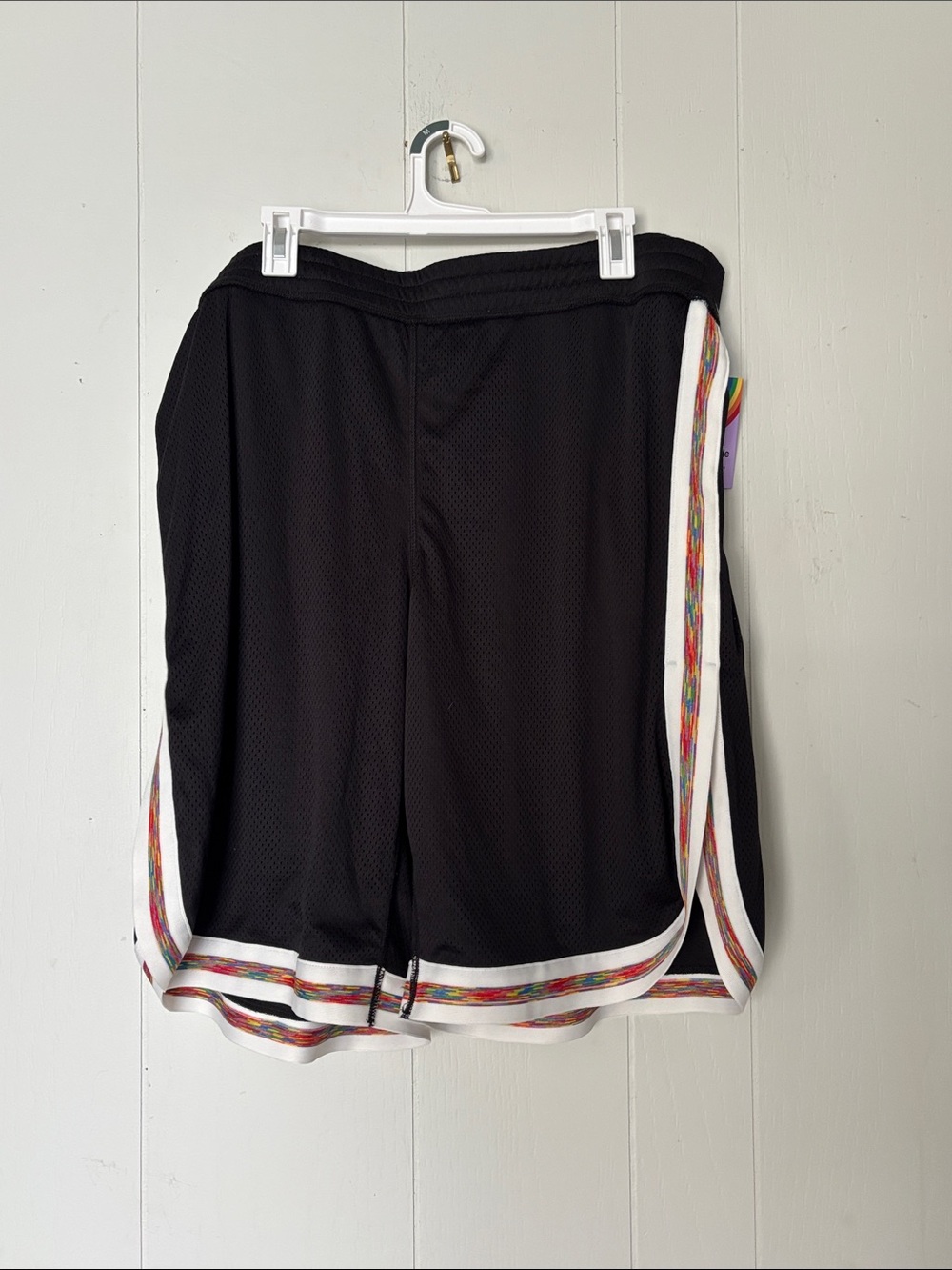 Black Athletic Mesh Shorts with White & Multicolor Trim